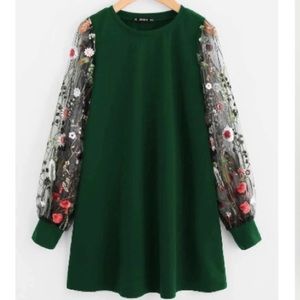 Shein Floral Sleeve Shift Dress Green